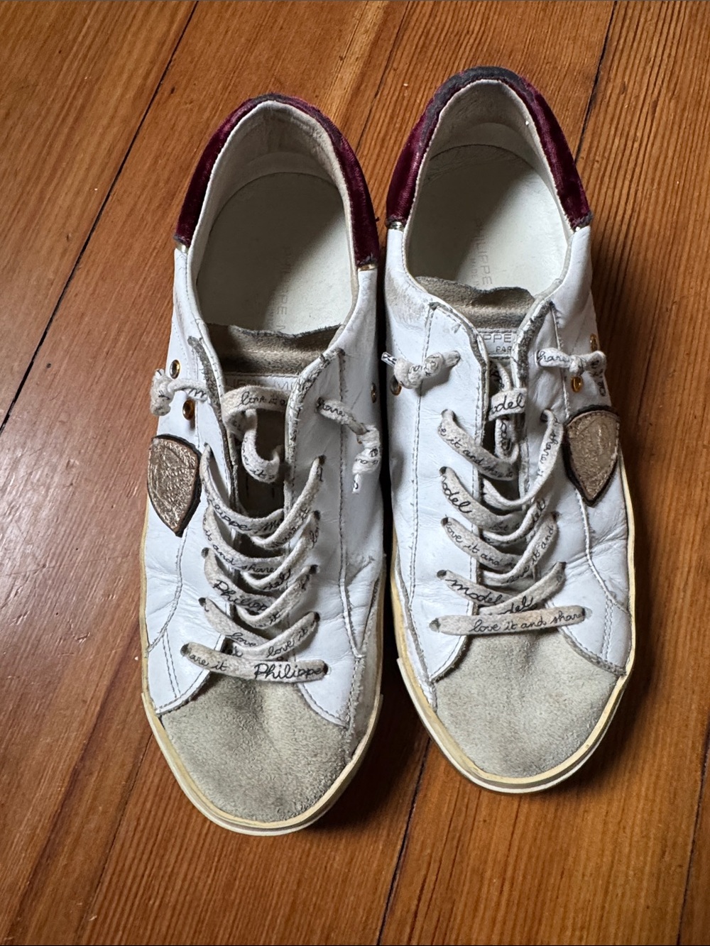 Philippe Model White Sneakers with Beige Suede Toe and Burgundy Heel
